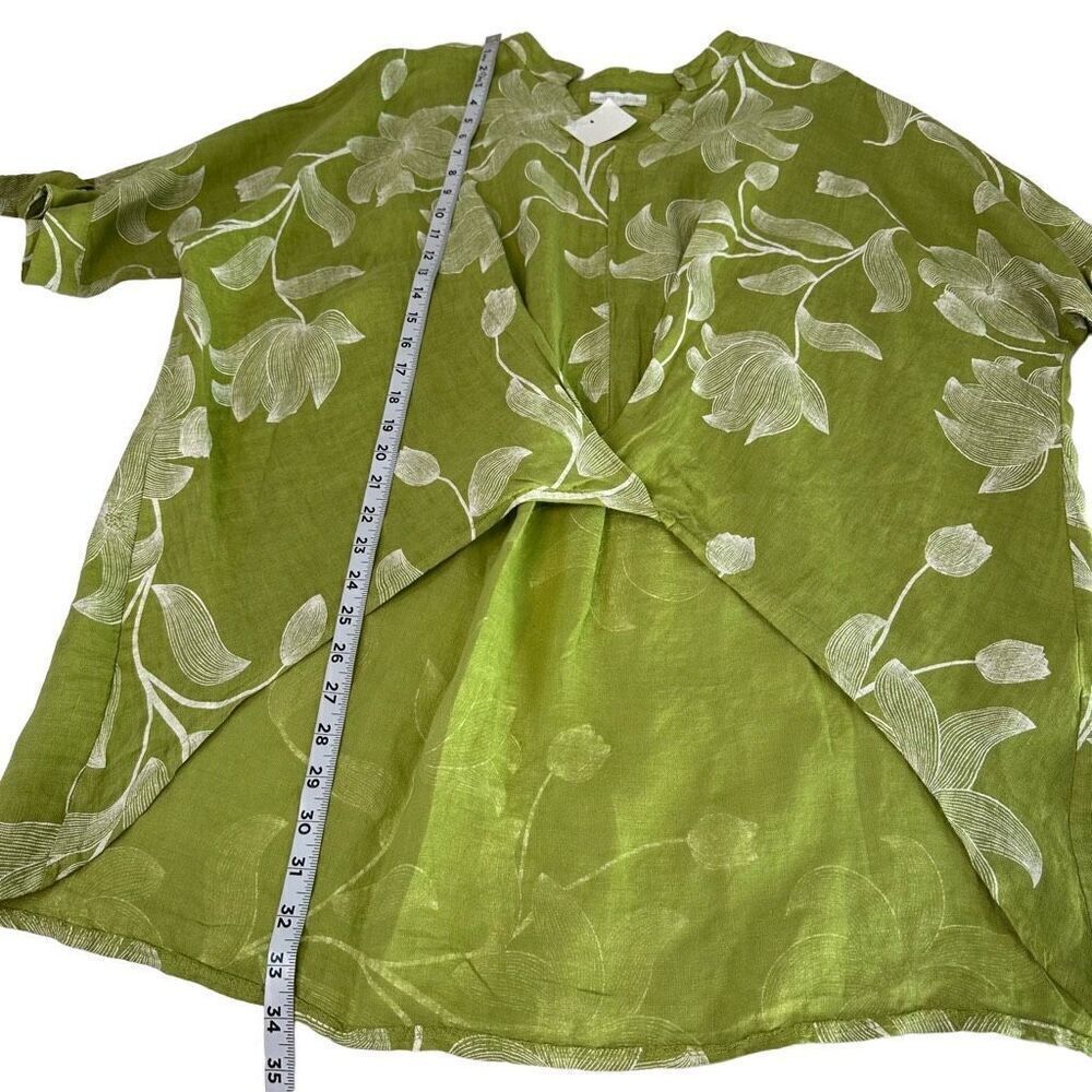 Italian 100% Linen Boho Green Floral Hi-Low Relaxed Fit Tunic Top Women One Size - Picture 7 of 8